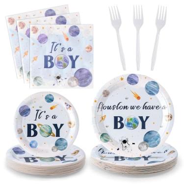 Imagem de G1ngtar Suprimentos de pratos de chá de bebê Houston We Have A Boy - Serve 24 unidades - Espaço sideral It's a Boy Party Utensílios de mesa decorações astronauta planeta galáxia aniversário pratos de