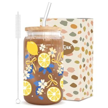 Imagem de Copo de vidro com padrão de limão de 473 ml com tampa de bambu, inclui canudos e pincel de vidro e plástico, caixa de presente para café gelado, smoothie, coquetel, presente para mulheres
