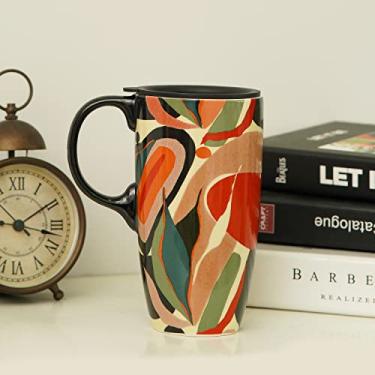 Imagem de TZSSP Caneca de cerâmica de porcelana latte xícara de chá com tampa 500 ml laranja