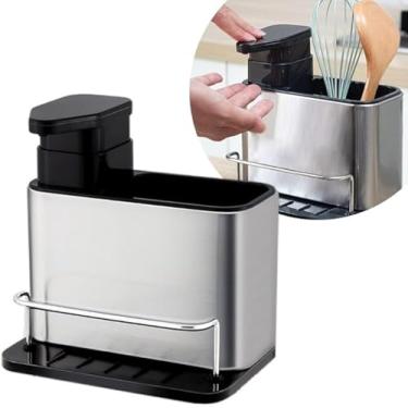 Imagem de Organizador de Pia com Dispenser de Sabão, Aço Inoxidável, Suporte para Utensílios de Cozinha, Porta Detergente