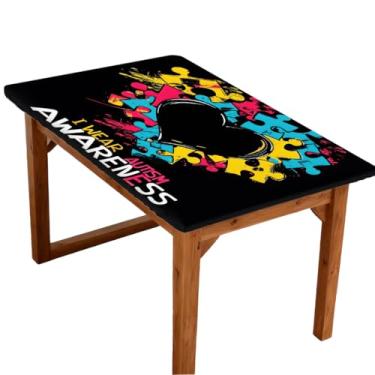 Imagem de hongjinglin Toalha de mesa retangular de 1,8 m com elástico e elástico Love Art Autismo, capa de mesa retangular, impermeável, lavável, protetor de mesa para piquenique, jantar, cozinha, decoração ao