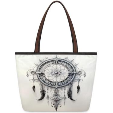 Imagem de Bolsa grande para mulheres, apanhador de sonhos, bolsas de pano de trabalho pretas com zíper, reutilizáveis, bolsas de mão de mercearia, casual, para viagem, trabalho, férias, praia, compras