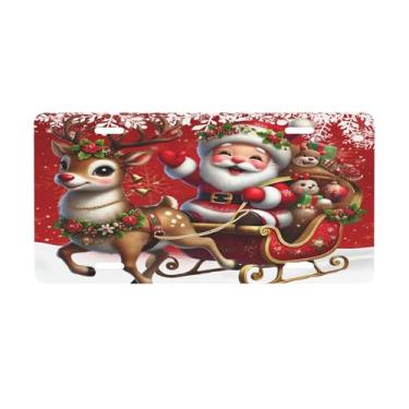 Imagem de Placa de licença vermelha de Papai Noel alce para placas de carro dianteiras de alumínio metal adequado para placa de porta de caminhão, bar, café, acessórios automotivos para homens e mulheres 15 x