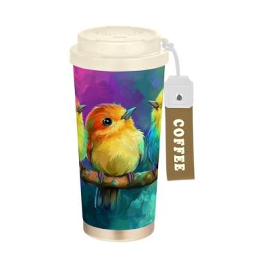 Imagem de SEHANY Caneca de viagem de pássaro colorida de 482 g Copos de café reutilizáveis revestidos de cerâmica com tampa à prova de vazamento, parede dupla, copo de café de aço inoxidável isolado a vácuo