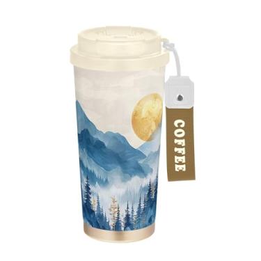 Imagem de SEHANY Caneca de viagem com paisagem de montanha em aquarela de 482 g, copos de café reutilizáveis revestidos de cerâmica com tampa à prova de vazamento, parede dupla, isolamento a vácuo, copo de café
