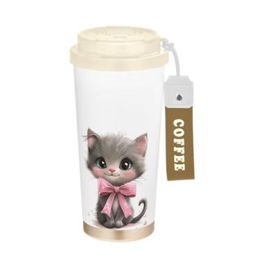Imagem de SEHANY Caneca de viagem de gato gatinho fofo de 482 g xícaras de café reutilizáveis revestidas de cerâmica com tampa à prova de vazamento, parede dupla, isolamento a vácuo, copo de café de aço