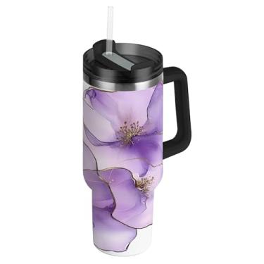 Imagem de SEHANY Copo de mármore roxo de 1,134 g com tampa e canudo, aço inoxidável de vácuo duplo isolado garrafa de água esportiva suporte para copo de café de viagem à prova de vazamento para bebida gelada