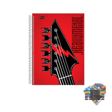 Imagem de Kit Caderno Masculinos 20 Matérias Capa Dura 400 Folhas Caneta Trigel Metálica Estojo 10 Cores