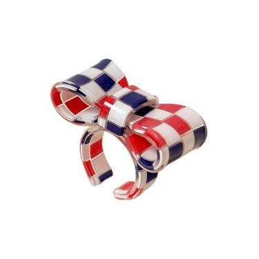 Imagem de xuzhiyuan Anel de declaração de arco xadrez colorido anel aberto de acrílico para mulheres joias modernas e modernas presente, Resina, Sem pedra preciosa