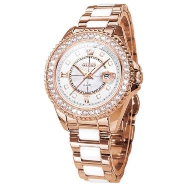 Imagem de OLEVS Relógios automáticos femininos ouro rosa esqueleto mecânico corda automática elegante vestido de luxo borboleta diamante branco pulseira de cerâmica relógio presente, 3685: ouro branco e rosa