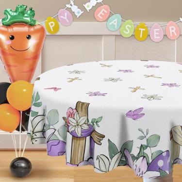 Imagem de Tailus Toalha de mesa redonda de Páscoa cristã 152 x 152 cm, flor de lírio com cruz religiosa, decoração de mesa de jantar, flores de primavera, ovos de Páscoa, jantar, piquenique, decoração