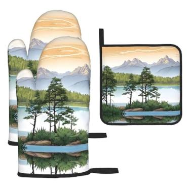 Imagem de Mountain Lake View Sunny Day Nature – Conjunto de cozinha essencial com 3 peças, luvas resistentes ao calor e alça de tampa, proteção para churrasco no forno, design de armazenamento suspenso.