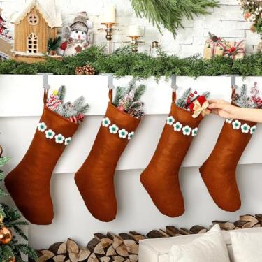 Imagem de Soaoo Pacote com 4 meias mexicanas de Natal de 45,7 cm, meias de Natal de feltro vermelho, flores mexicanas, lareira, bolsa de estoque de Natal para decoração de festa de férias em família, presentes