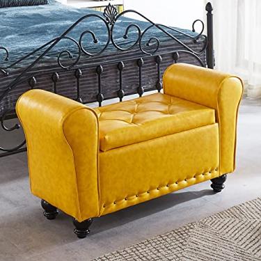 Imagem de FAMEOYA Banco otomano de armazenamento armado de couro PU, banco de armazenamento de braço enrolado, moderno banco de cama tufado, banco de entrada de sapatos, banco de sofá de madeira - amarelo 100 x