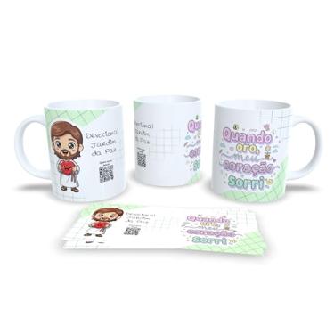 Imagem de Caneca Devocional Jardim da Paz, Branca com Listras Rosa e Verde, Flores, Tema Religioso (22996)