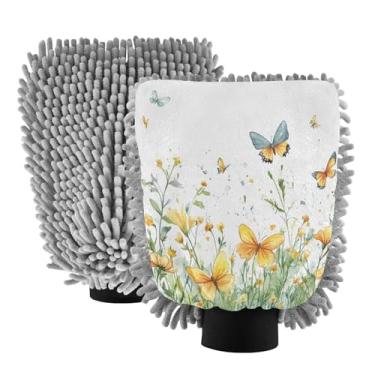 Imagem de STAYTOP Lindas luvas de lavagem de carro com flores silvestres e borboletas da primavera, 2 peças, luvas de microfibra de chenille, sem arranhões, panos de esponja de lavagem ultra absorventes para