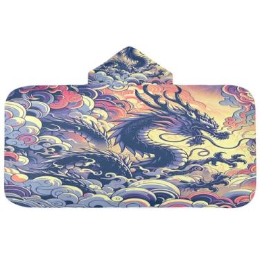 Imagem de Burbuja Fantasy Dragon Toalha de banho com capuz para crianças, toalha de praia de pelúcia macia absorvente para chá de meninas e meninos 3-10 anos, 61 x 127 cm