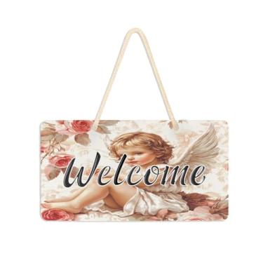 Imagem de Burbuja Placa de boas-vindas Cupid Roses para porta da frente, placa de boas-vindas de PVC para decoração de férias, 15 x 28 cm