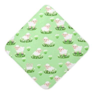 Imagem de Burbuja Toalha de banho de bebê com desenho animado de ovelha na grama - Toalha com capuz de musselina macia e absorvente para recém-nascido, 76 x 76 cm