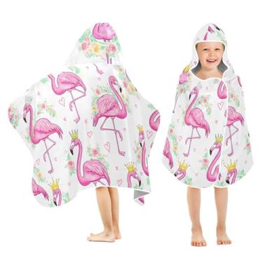 Imagem de Burbuja Flamingos usando coroas toalha de banho com capuz para crianças, toalha de praia de pelúcia macia absorvente para meninas e meninos 3-10 anos, 61 x 127 cm