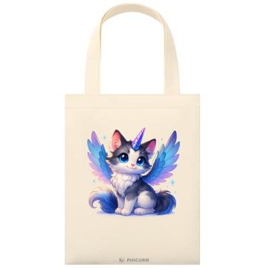 Imagem de Phicorn Sacolas pequenas de algodão, 23 cm x 28 cm, sacolas de lona reutilizáveis lisas e impressas para artesanato DIY, uso diário e presentes de férias (impressão Phicorn Friends - Catcorn voador)