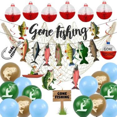 Imagem de Decorações de festa de aniversário de pesca, faixa temática Gone Fishing, decoração de rede de peixes, guirlanda de balões de favo de mel