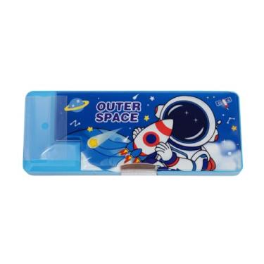 Imagem de Dynamart Estojo Escolar Infantil Retrô Automático, 3 Divisórias, Apontador Duplo, Plástico ABS, 24,5x9,5cm, Detalhe 3D, Botões Automáticos, Tabuada Traseira, para Crianças +5 Anos (Foguete)