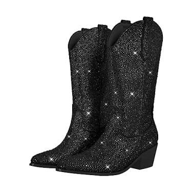 Imagem de Richealnana Botas femininas estilo caubói com strass cintilante, cano alto, 5 cm, com abas de puxar, Lantejoulas pretas, 38