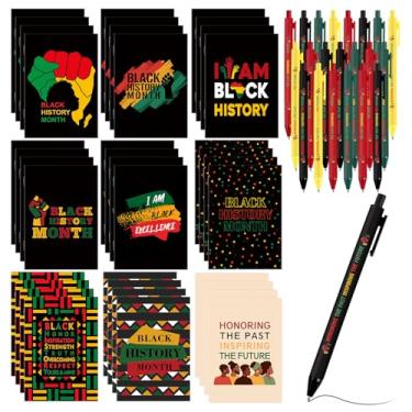 Imagem de Sayglossy Conjunto de 36 canetas esferográficas para o mês da história negra, miniblocos de notas de bolso com bolsas transparentes e laços torcidos para festivais, festas de fim de ano, presentes de