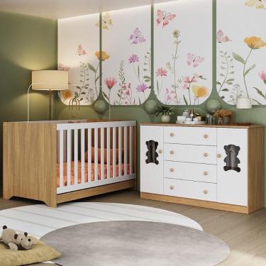 Imagem de Berço Americano 3 Em 1 Com Cômoda 2 Portas 4 Gavetas Teddy Multimóveis MP4727 Madeirado-branco