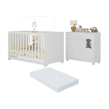 Imagem de Berço Americano 3 Em 1 Com Colchão Incluso E Cômoda 1 Porta 4 Gavetas Fofura Multimóveis MP4732 Branco