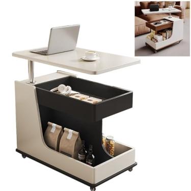 Imagem de Mesa de canto superior elevatória com rodas, mesa de centro elevatória de madeira maciça com armazenamento, móveis multifuncionais para sala de estar, quarto, espaço pequeno (branco)