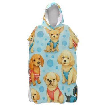Imagem de Poncho de surfe de secagem rápida para adultos roupão de banho com capuz toalha de banho bonito desenho animado cães azul poncho masculino com capuz