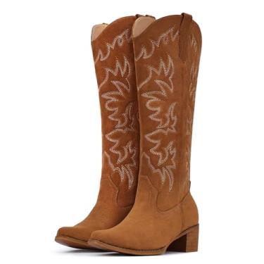 Imagem de IUV Botas de caubói femininas na altura do joelho, botas de caubói ocidental, bico curto, zíper lateral, salto grosso, Camurça marrom, 34