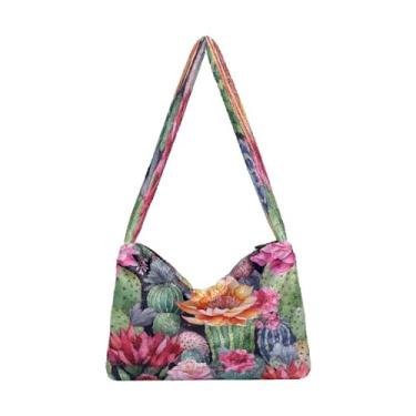 Imagem de Bolsa de ombro feminina com espaço e nave espacial preta, bolsa de ombro, bolsa de ombro para mulheres, Aquarela floral com cacto-11, One Size