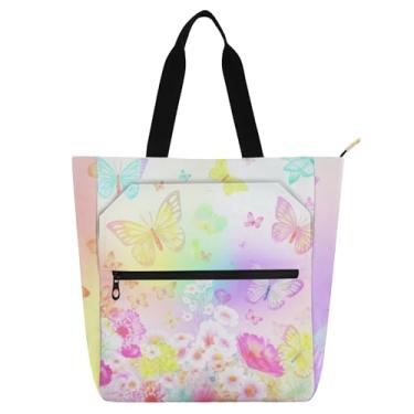 Imagem de GAIGEO Sacola de trabalho com flores coloridas borboletas para mulheres, bolsas de tecido de lona, faculdade, escola, bolsas infantis fofas, para amantes de livros