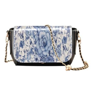 Imagem de Bolsa tiracolo quadrada com azul floral PU para mulheres, bolsa de ombro de couro sintético, bolsa de ombro transversal de couro, Azul quadrado com flores-1, One Size
