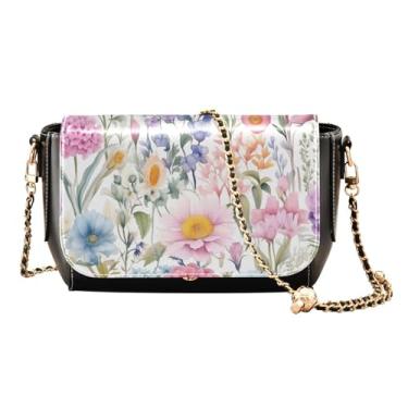 Imagem de Bolsa feminina de couro floral com flores em aquarela com bagas, bolsa de ombro média, bolsa transversal feminina de couro, Borda floral aquarela-5, One Size