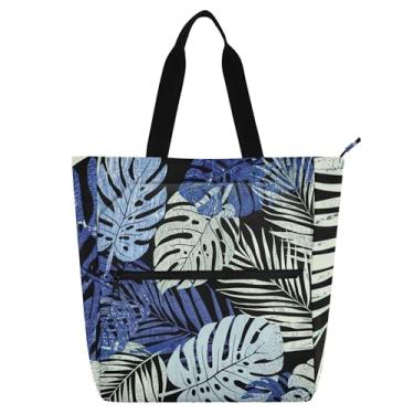 Imagem de GAIGEO Sacola feminina preta com folhas tropicais e flores, bolsa de tecido de lona para trabalho, faculdade, escola, carteiro, com compartimentos