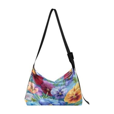Imagem de GAIGEO Bolsa transversal de couro amores-perfeitos e flores em aquarela, bolsa transversal de couro com alça larga de couro, bolsa tiracolo masculina, Amores-perfeitos e flores em aquarela - 3, One