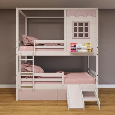 Imagem de Beliche Casinha Reta 02 Gavetas Rosa Escorregador E Grade Removível Madeira Maciça Branco/ Rosa Housin