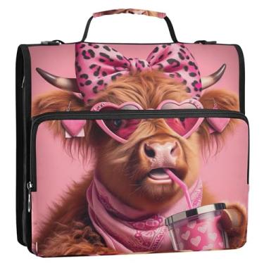 Imagem de Lindo organizador de fichário com zíper, 3 anéis, anel D de 3 cm, lindo portfólio de vaca Highland para dia dos namorados, comporta 500 folhas, bolsa para fichário de ensino médio com alça