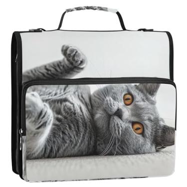 Imagem de Fichário gatinho cinza fofo com 3 anéis de 3,8 cm, organizador com zíper, bolsa escolar com alça de ombro, vários bolsos, pasta grande para portfólio