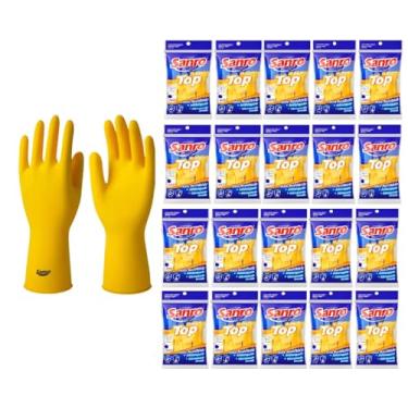 Imagem de Kit com 20 Pares Luva Sanro TOP Multiuso Látex Natural, Palma Antiderrapante Forro de Algodão e Interior Flocado, Tamanho M, Cor Amarela, Luvas de Látex Reutilizável para Limpeza, Pintura e Jardinagem