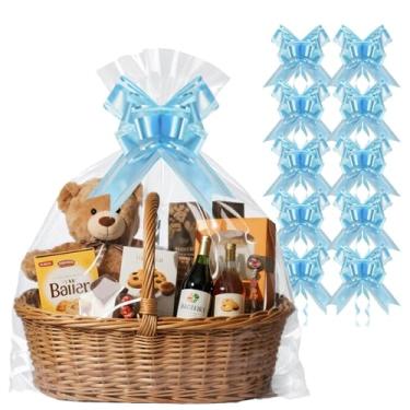 Imagem de PigPotParty Pacote com 10 sacos de celofane com 10 laços, embalagem grande de celofane de 76 cm x 101 cm para cestas de presente, sacos de presente de plástico transparente resistente a rasgos para