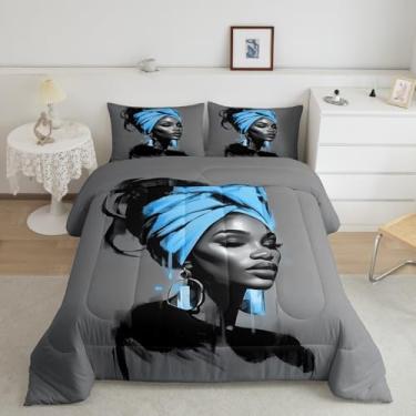 Imagem de jejeloiu Conjunto de edredom feminino preto, tamanho queen, afro-americana, para meninos e adolescentes, azul, abstrato, respirável, macio, leve, microfibra, moderno, decoração de quarto