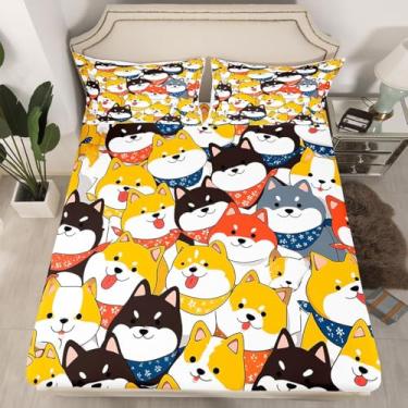 Imagem de jejeloiu Jogo de lençol solteiro Shiba Inu fofo para crianças, meninos, meninas, cachorrinhos, cachorros, 40,6 cm, de microfibra respirável, macio, respirável, com 1 fronha, decoração de quarto
