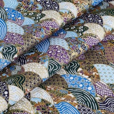 Imagem de MAYJOYDIY Tecido de algodão estilo japonês em forma de leque de 1,1 m 150 cm tecido colorido de escamas de peixe tecido de embrulho floral patchwork estampado acolchoado para artesanato e projetos