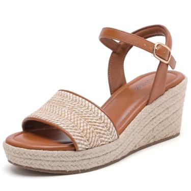Imagem de Ruiee Sandálias femininas de largura larga com tira no tornozelo, bico redondo, ráfia, plataforma, alpargata, cunha, elegante, sandálias., Marrom 103, 10 X-Wide