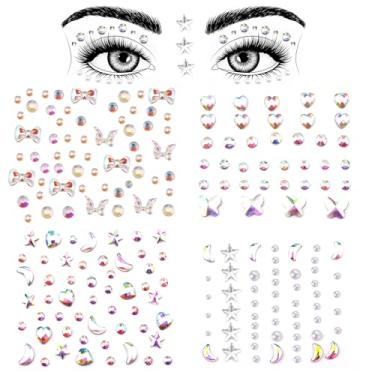 Imagem de 4 folhas de pedras preciosas faciais, joias de cristal para rosto, strass para maquiagem, cabelo, pérola, rosto, strass, tatuagens para artesanato, maquiagem de rosto e olhos (estilo gravata boa)